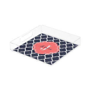 Navy and Coral Moroccan Quatrefoil Monogram Acrylic Tray