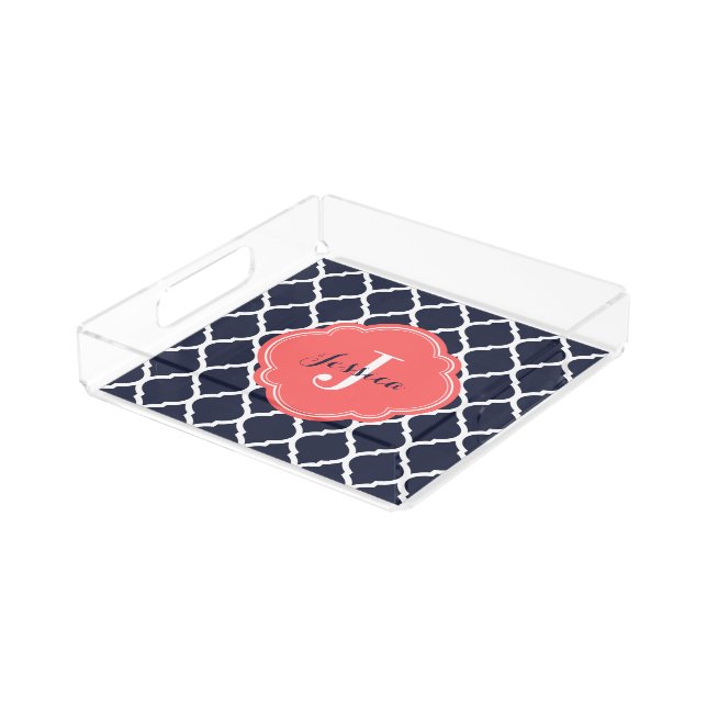 Navy and Coral Moroccan Quatrefoil Monogram Acrylic Tray (Angled)
