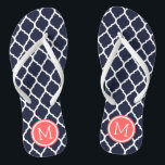 Navy and Coral Moroccan Quatrefoil Monogram Flip Flops<br><div class="desc">Custom printed flip flop sandals with a stylish Moroccan quatrefoil pattern and your custom monogram or other text in a circle frame. Click Customize It to change text fonts and colors or add your own images to create a unique one of a kind design!</div>