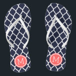 Navy and Coral Moroccan Quatrefoil Monogram Flip Flops<br><div class="desc">Custom printed flip flop sandals with a stylish Moroccan quatrefoil pattern and your custom monogram or other text in a circle frame. Click Customize It to change text fonts and colors or add your own images to create a unique one of a kind design!</div>