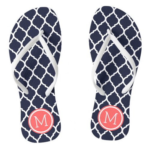 Navy and Coral Moroccan Quatrefoil Monogram Flip Flops