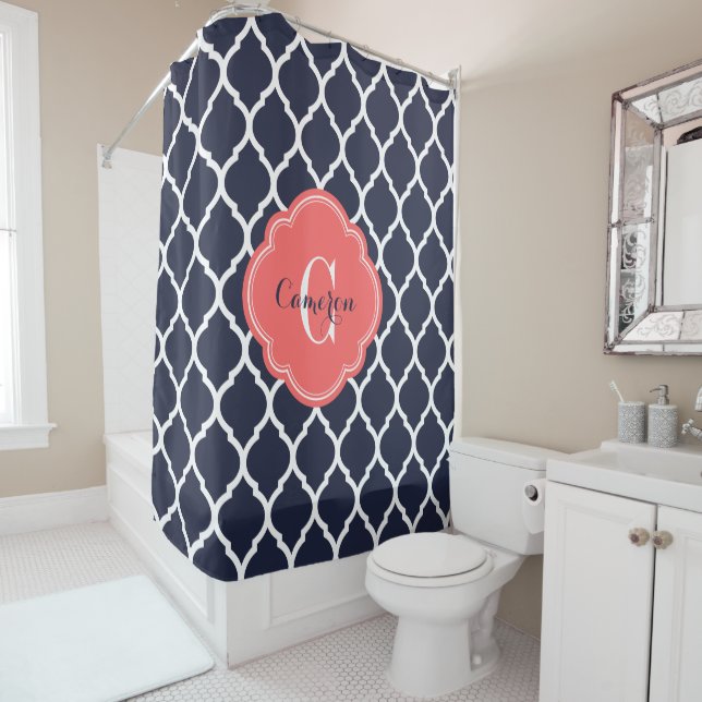 Navy and Coral Moroccan Quatrefoil Monogram Shower Curtain (In Situ)
