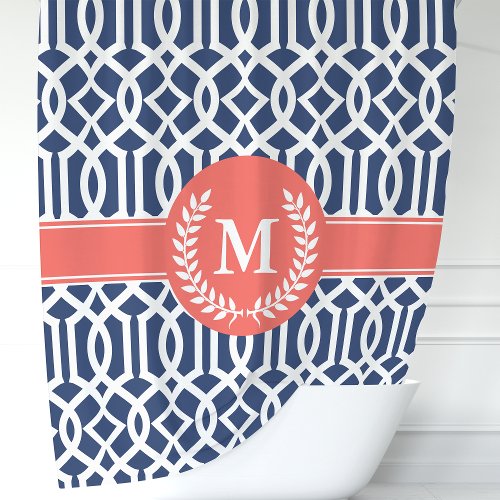 Navy And Coral Moroccan Trellis Monogram Shower Curtain