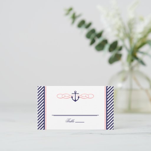 Customizable NAVY AND CORAL NAUTICAL ANCHOR WEDDING ESCORT CARD BUSINESS CARD