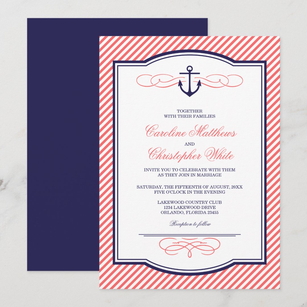 Navy and Coral Nautical Anchor Wedding Invitation Zazzle