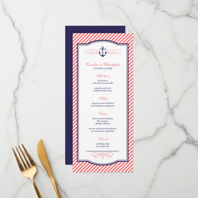 Navy and Coral Nautical Anchor Wedding Menu Card (Front/Back In Situ)
