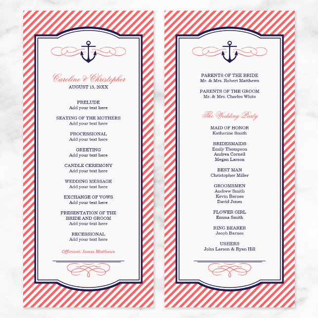 Navy and Coral Nautical Anchor Wedding Program (Creator Uploaded)
