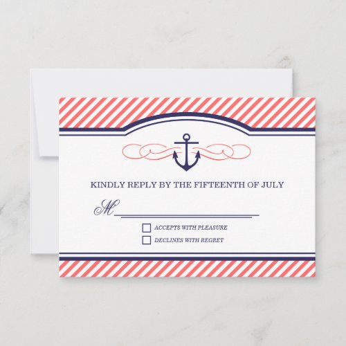 Navy and Coral Nautical Anchor Wedding RSVP Card
