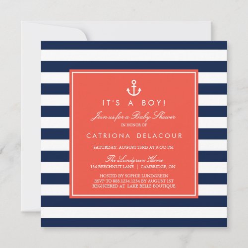 Navy and Coral Nautical Baby Shower Invitation