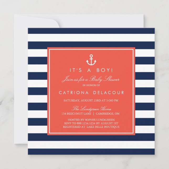 Navy and Coral Nautical Baby Shower Invitation (Front)