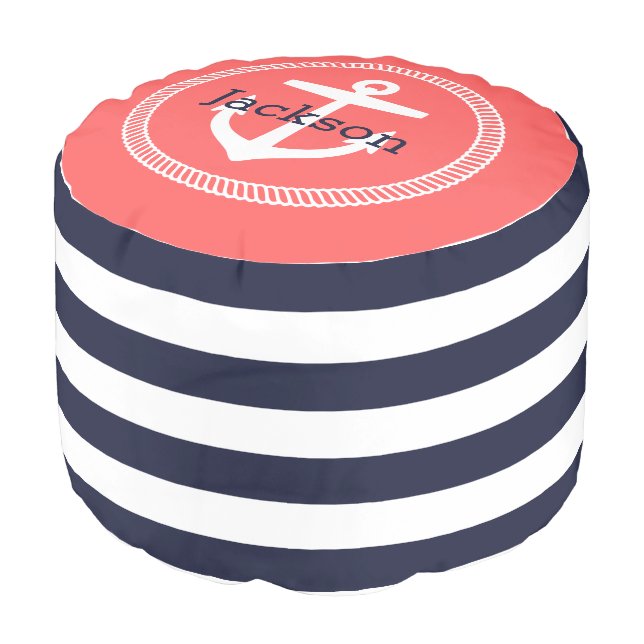 Navy and Coral Nautical Stripes Anchor Monogram Pouf (Angled Front)