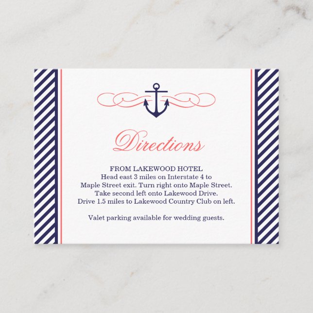 Navy and Coral Nautical Wedding Insert Card (Front)