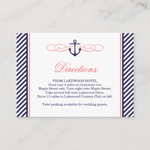 Customizable Navy and Coral Nautical Wedding Insert Card Business Card Template