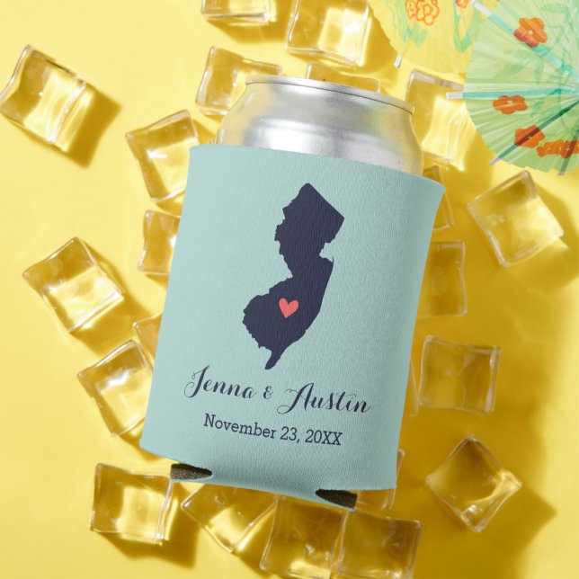 Navy and Coral New Jersey Wedding Favor Can Cooler (In Situ Summer)