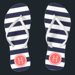 Navy and Coral Preppy Stripes Monogram Flip Flops<br><div class="desc">Custom printed flip flop sandals with a preppy nautical stripe pattern and your custom monogram or other text in a circle frame. Click Customize It to change text fonts and colors or add your own images to create a unique one of a kind design!</div>