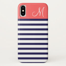 Navy and Coral Preppy Stripes Monogram iPhone X Case