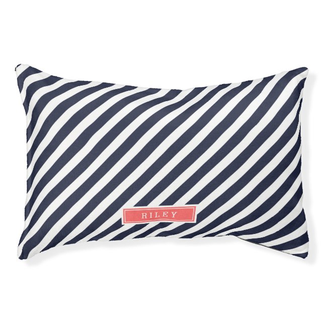 Navy and Coral Preppy Stripes Monogram Pet Bed (Front)