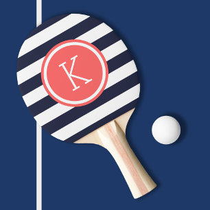 Navy and Coral Preppy Stripes Monogram Ping Pong Paddle