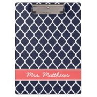 Navy and Coral Quatrefoil Custom Monogram Clipboard
