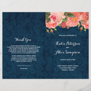 Navy and Coral Shabby Chic Floral Wedding Programs