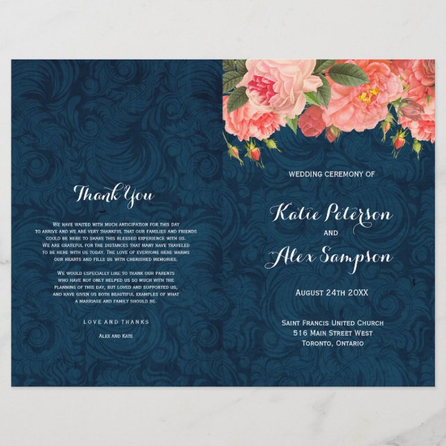 Navy and Coral Shabby Chic Floral Wedding Programs (Front)