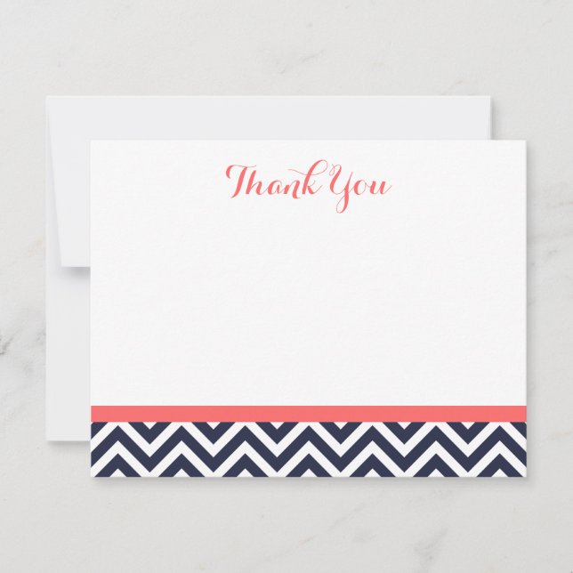 Navy and Coral Simple Chevron Thank You Note Cards (Front)