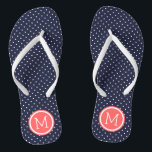 Navy and Coral Tiny Dots Monogram Flip Flops<br><div class="desc">Custom printed flip flop sandals with a cute girly polka dot pattern and your custom monogram or other text in a circle frame. Click Customize It to change text fonts and colors or add your own images to create a unique one of a kind design!</div>