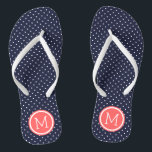 Navy and Coral Tiny Dots Monogram Flip Flops<br><div class="desc">Custom printed flip flop sandals with a cute girly polka dot pattern and your custom monogram or other text in a circle frame. Click Customize It to change text fonts and colors or add your own images to create a unique one of a kind design!</div>