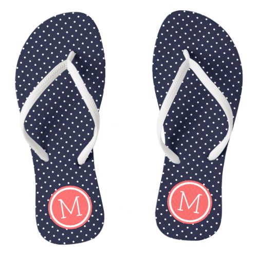 Navy and Coral Tiny Dots Monogram Flip Flops