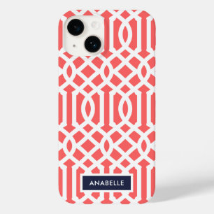 Navy and Coral Trellis Monogram Case-Mate iPhone 14 Case