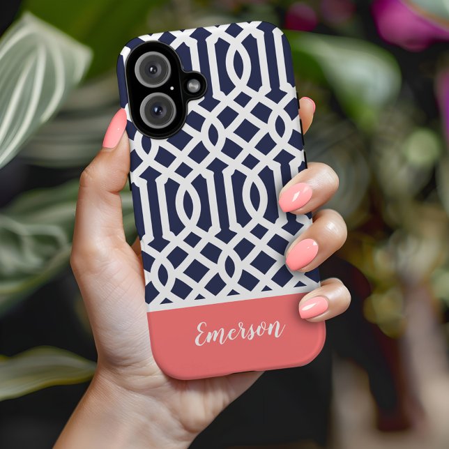 Navy and Coral Trellis Monogram Case-Mate iPhone Case (Creator Uploaded)