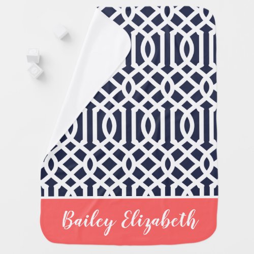 Navy and Coral Trellis Monogram  Editable Colors Baby Blanket