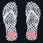 Navy and Coral Trellis Monogram Flip Flops<br><div class="desc">Custom printed flip flop sandals with a stylish modern trellis pattern and your custom monogram or other text in a circle frame. Click Customize It to change text fonts and colors or add your own images to create a unique one of a kind design!</div>
