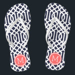 Navy and Coral Trellis Monogram Flip Flops<br><div class="desc">Custom printed flip flop sandals with a stylish modern trellis pattern and your custom monogram or other text in a circle frame. Click Customize It to change text fonts and colors or add your own images to create a unique one of a kind design!</div>