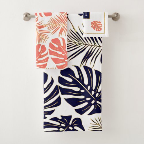 Navy and coral tropical leaves and monogram bath towel set