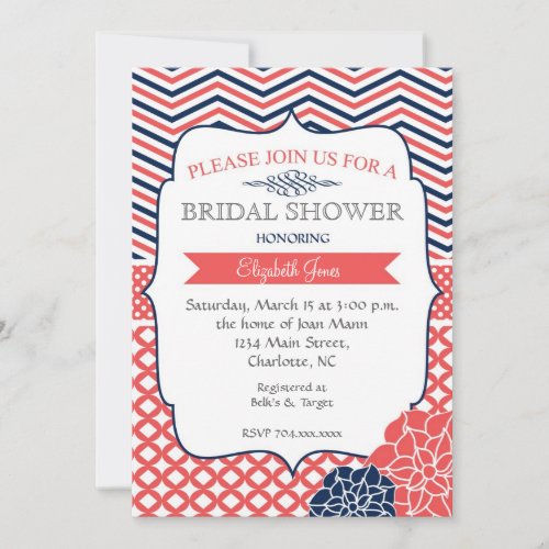 Navy and Coral Vintage  Bridal shower Invitation