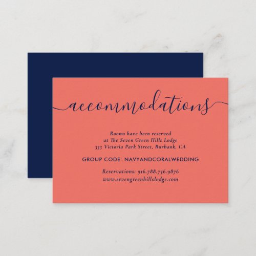 Navy and Coral Wedding Hotel Accommodation Cards