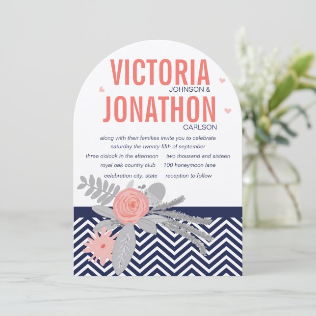 Navy and Coral Zigzag Chevron Floral Wedding Invitation (Standing Front)