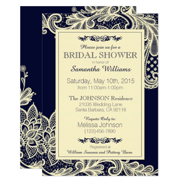 Navy And Cream Lace Bridal Shower Invitation