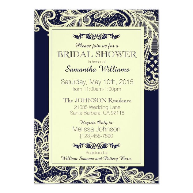 Navy And Cream Lace Bridal Shower Invitation