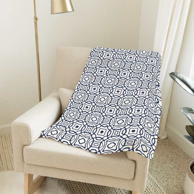 Navy and Cream Quatrefoil Block Print Pattern Fleece Blanket (Creator Uploaded)