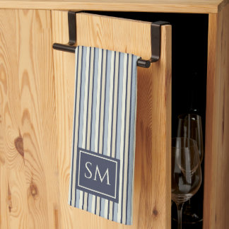 Navy And Cream Striped Pattern Monogrammed Kitchen Towel