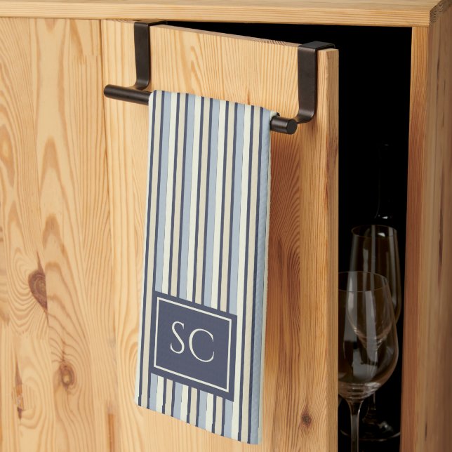 Navy And Cream Striped Pattern Monogrammed Kitchen Towel (Thirds Fold)