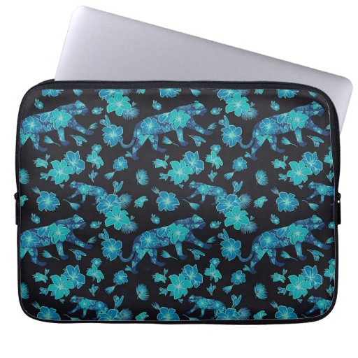 Navy and Cyan Floral Tiger Laptop Sleeve