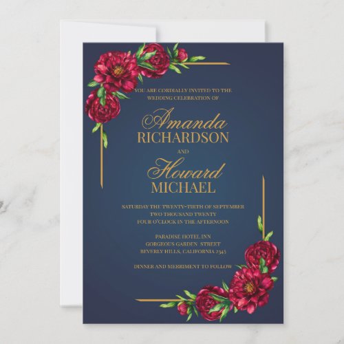 Navy and deep red peonies modern boho wedding invitation