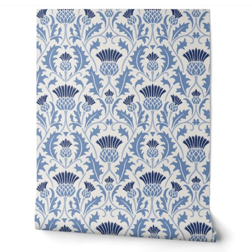 Navy and Delft Blue Scottish Thistle Floral Wallpaper
