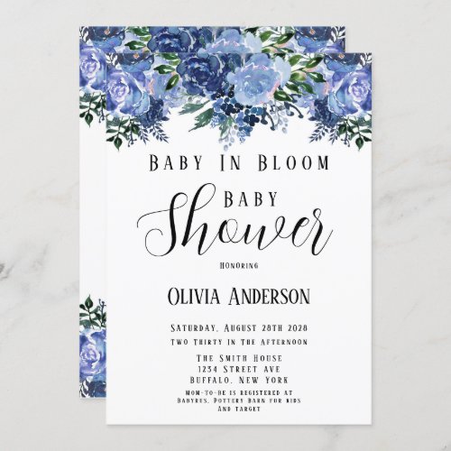 Navy and Dusty Blue Baby In Bloom Baby Shower Invitation
