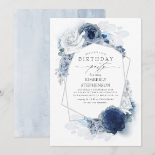 Navy and Dusty Blue Floral Modern Birthday Party Invitation