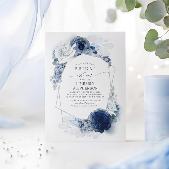 Navy and Dusty Blue Floral Modern Bridal Shower Invitation