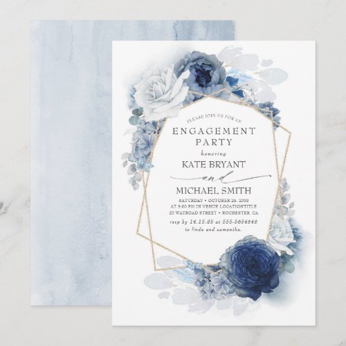 Navy and Dusty Blue Floral Modern Engagement Party Invitation